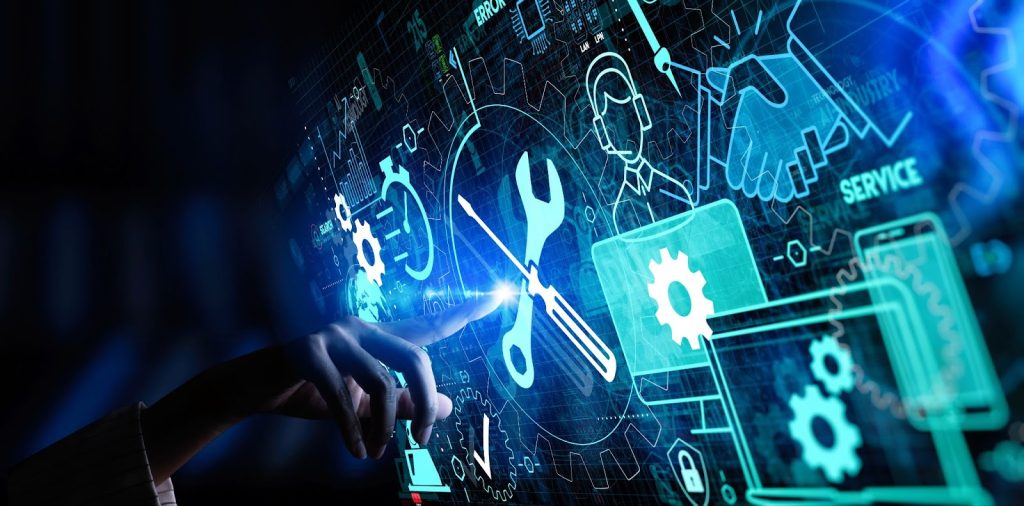 an illustrations depicting someone using a futuristic computer interface representing AI