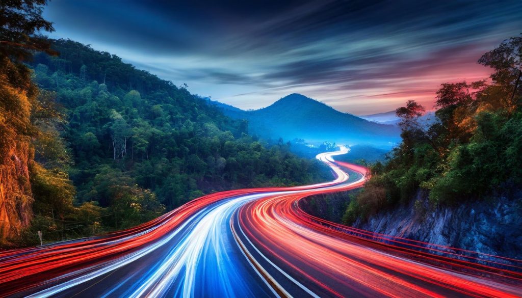 A timelapse photos of head lights and tail lights creating a steam of light representing a digital super highway for AI