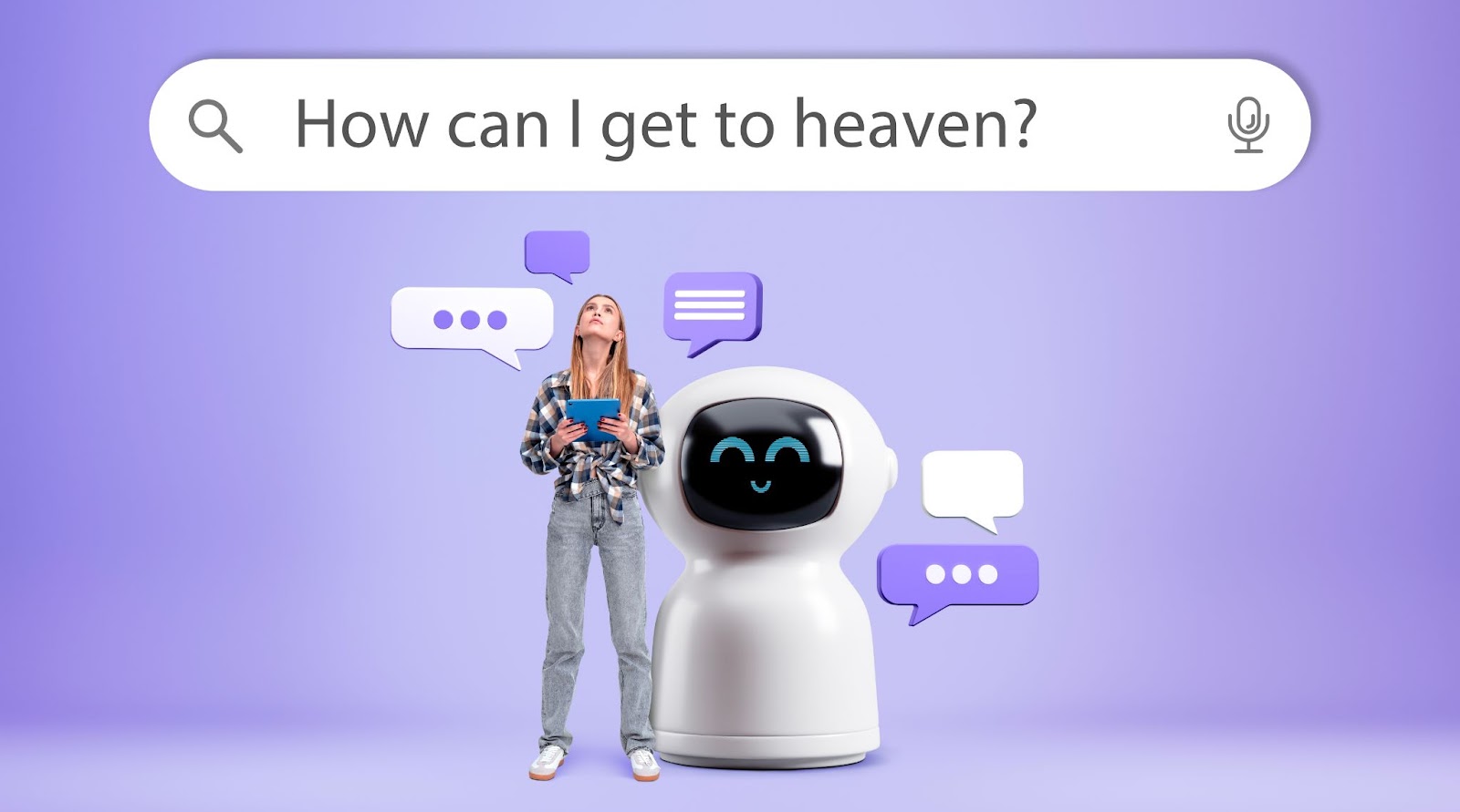 An image of someone search for "How can I get to heaven?" with a church's AI bot ready to chat and assist 