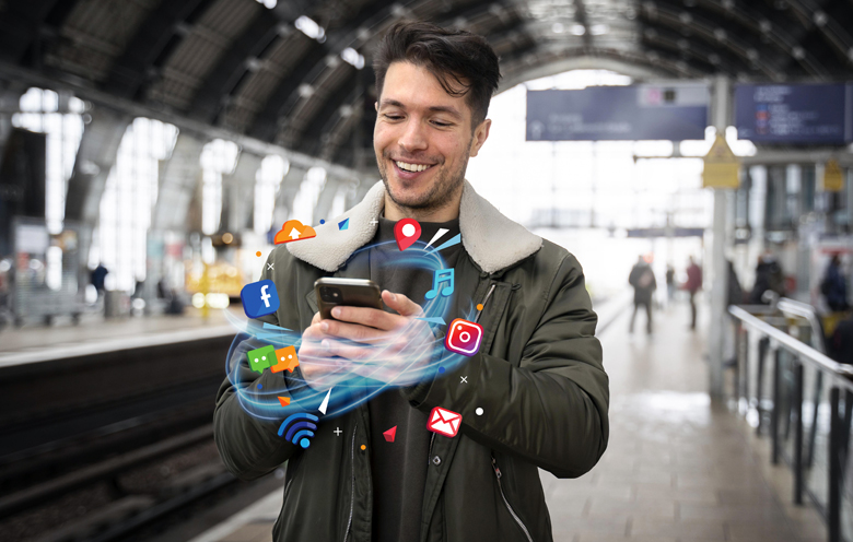 An image of a man interacting with the digital world of social media